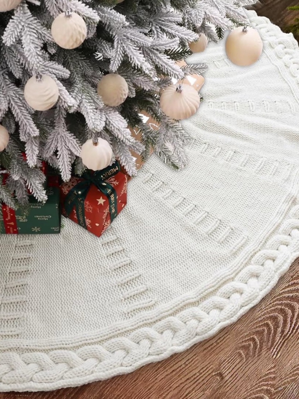 36 inches Christmas Knitted Tree Skirt White Chunky Farmhouse